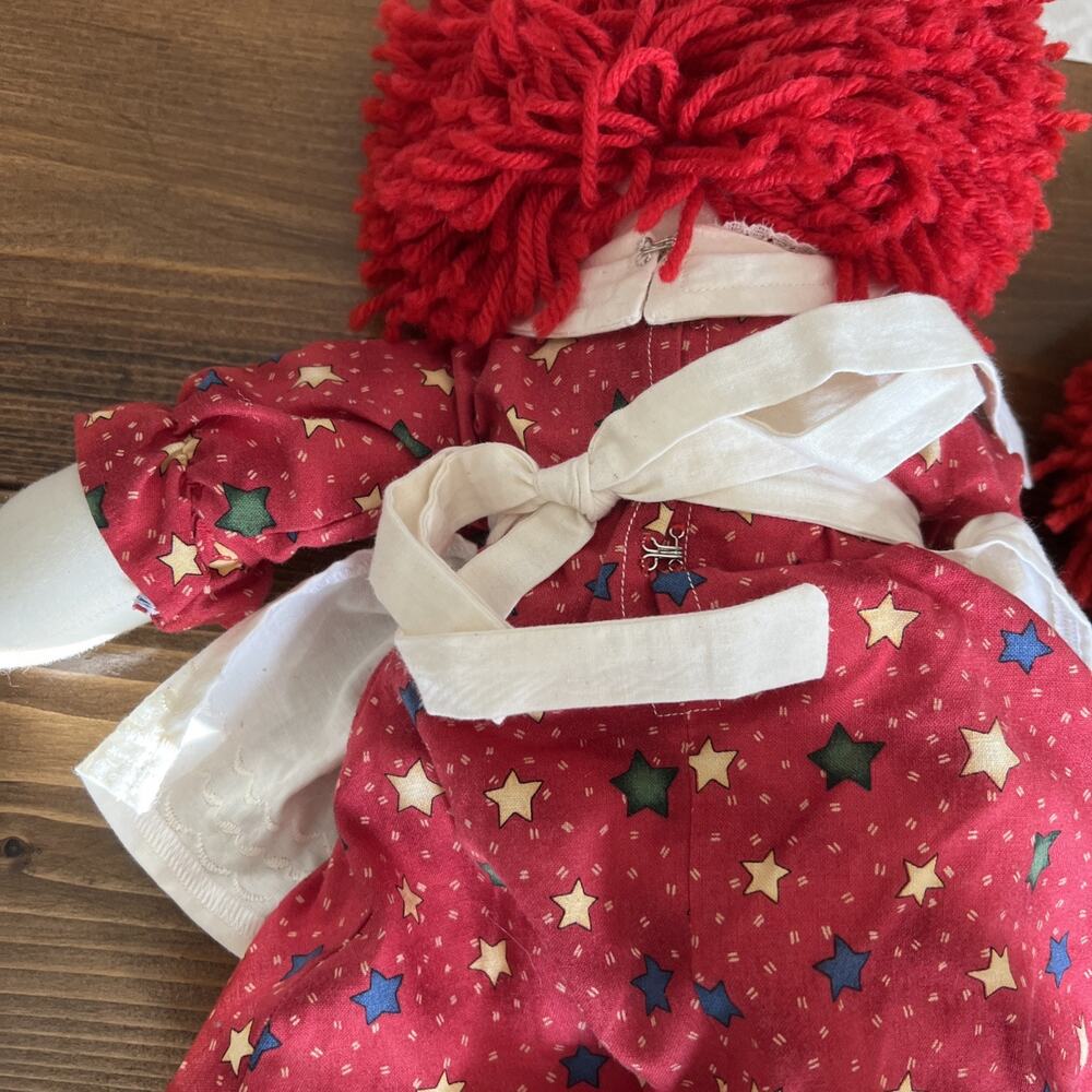 RARE RAGGEDY ANN & ANDY 18” RAG DOLL SET Handmade Red Dress W Stars & Apron VGUC - Picture 9 of 16